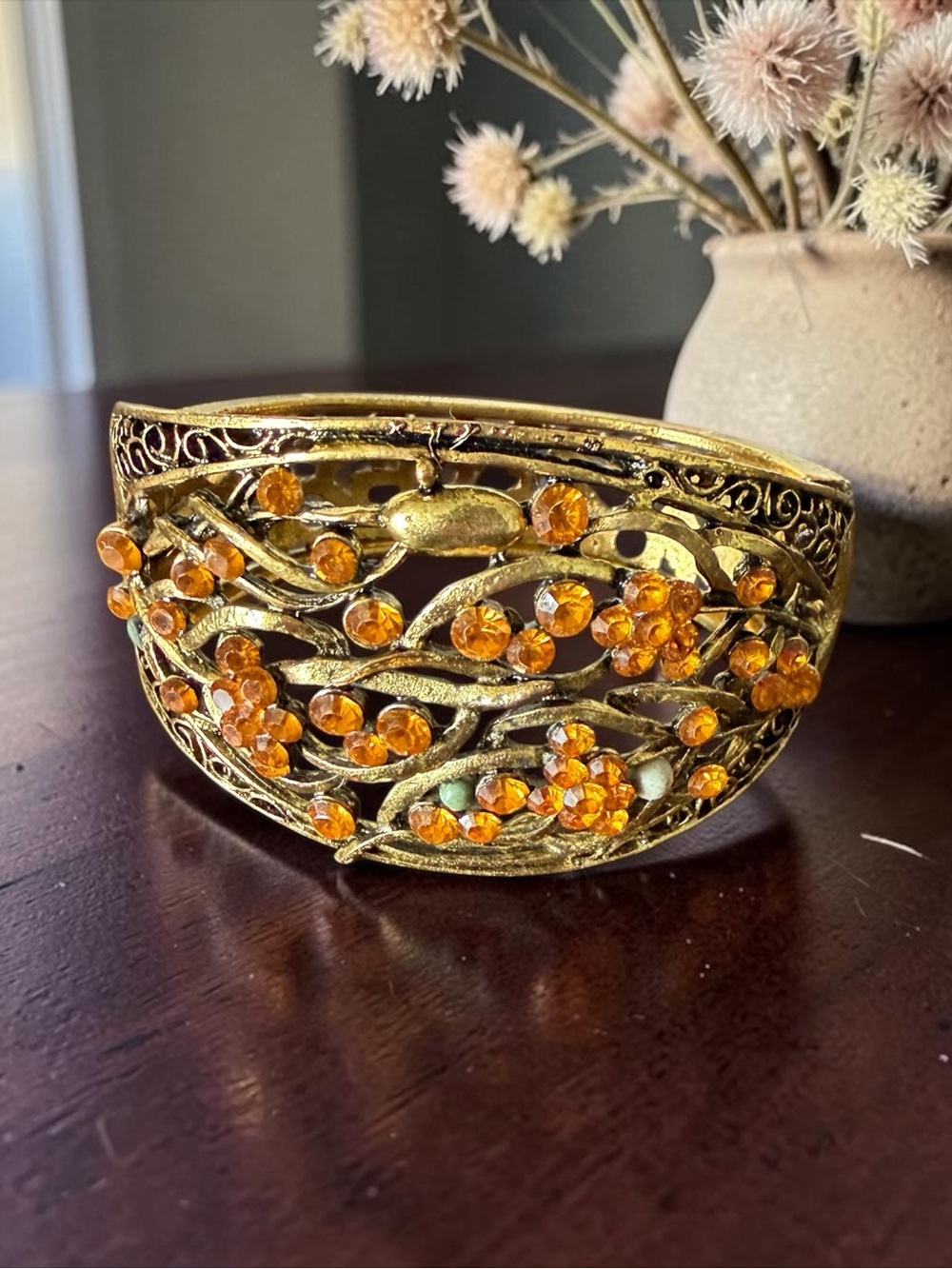 Vintage-Inspired Antique Gold
Filigree Cuff Bracelet with Amber Rhinestones